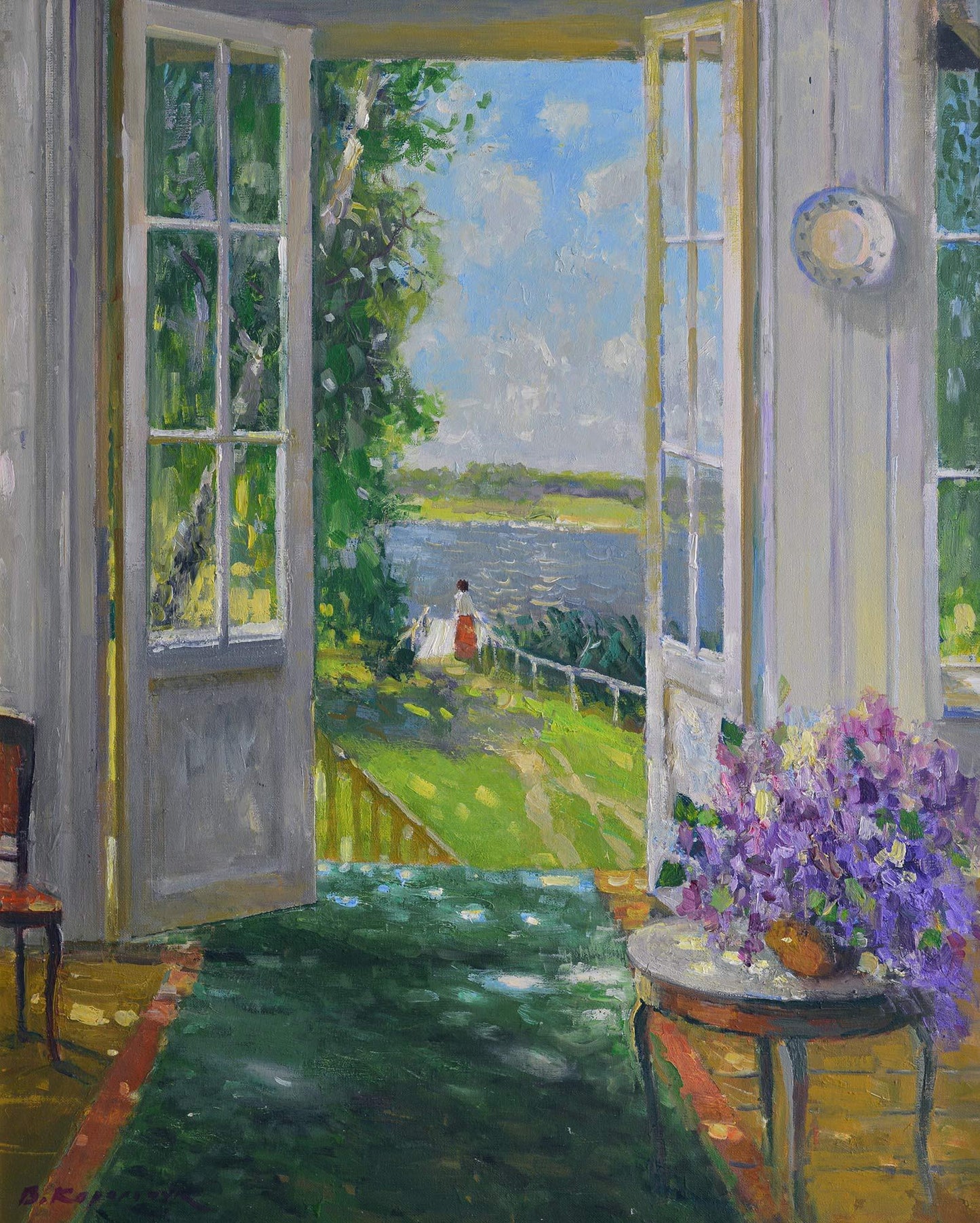 Vibrant purple hydrangea bouquet oil painting by Viktor Korolchuk in terracotta pot
