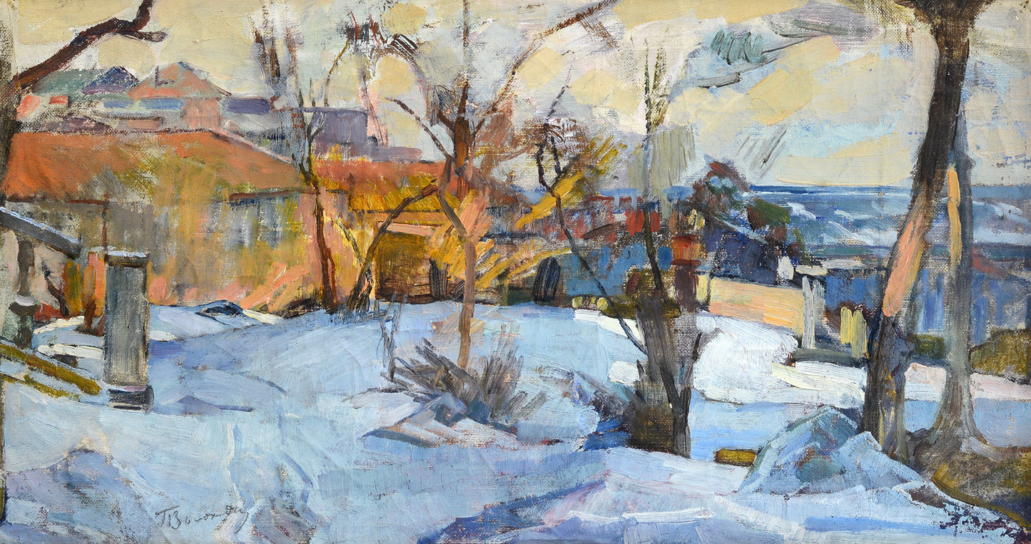 Pavlo Volokydin impressionist winter oil painting, snow landscape