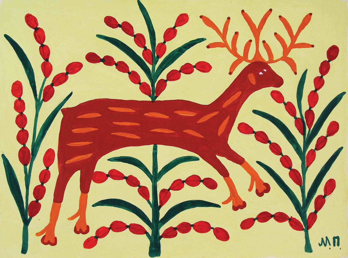 Stylized red deer with orange antlers in Maria Prymachenko Ukrainian naive art
