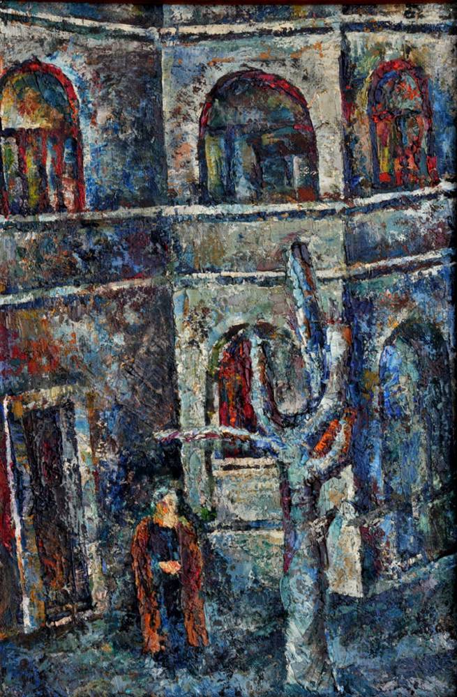 Alexander Roitburd original oil painting in blue gray tones with red accents