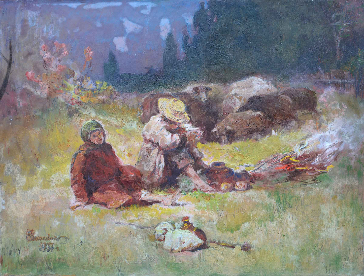 Rustic oil painting by Ivan Izhakevych, pastoral scene with two figures
