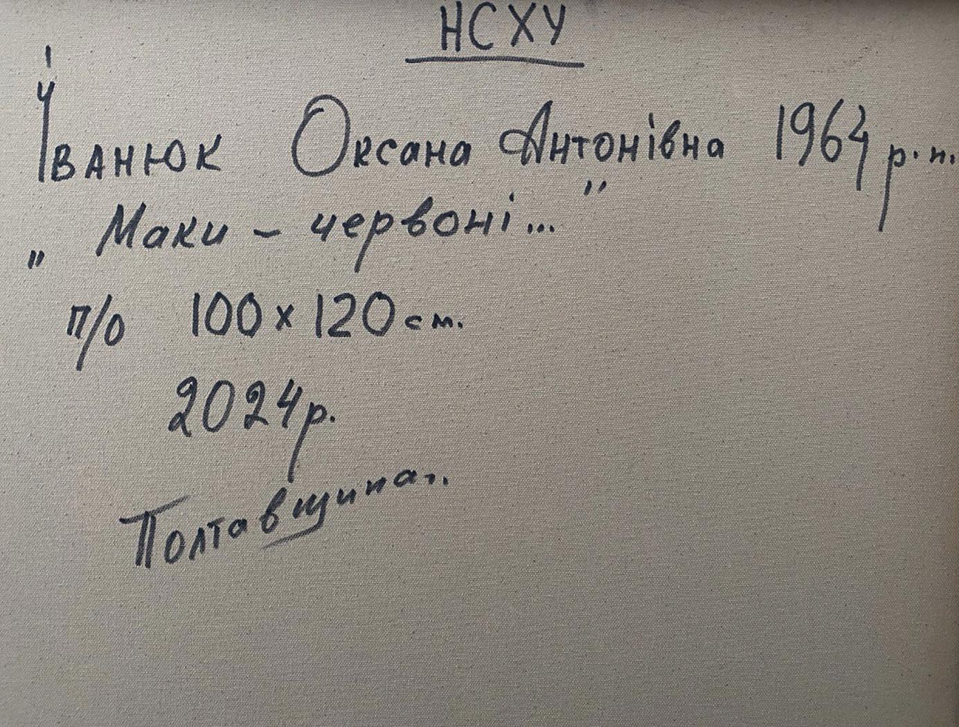 Handwritten inscription on back of Oil painting Poppies are red by Oksana Ivanyuk