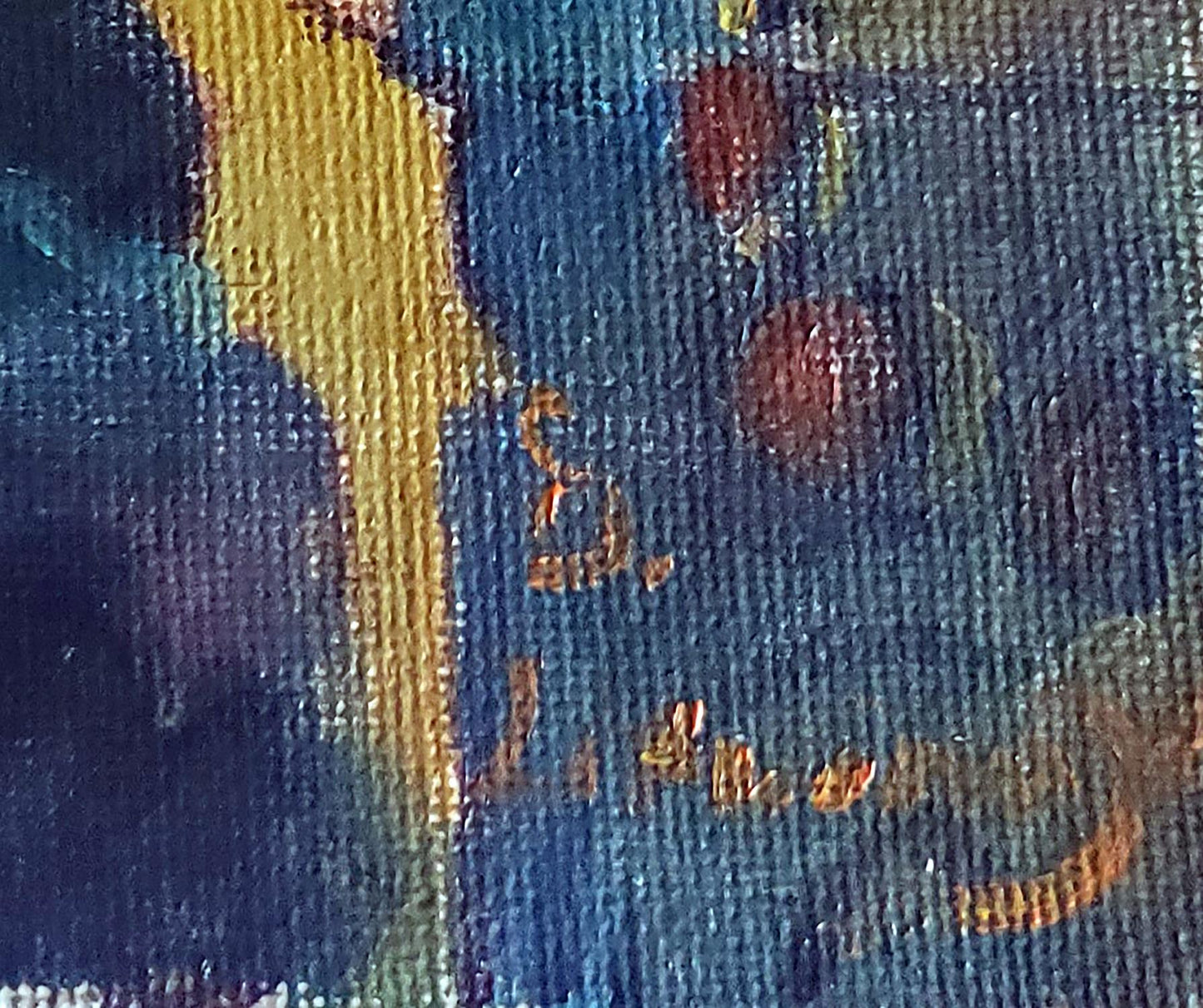Oil painting Florence by Daniil Litvinov with orange signature on blue yellow textured canvas