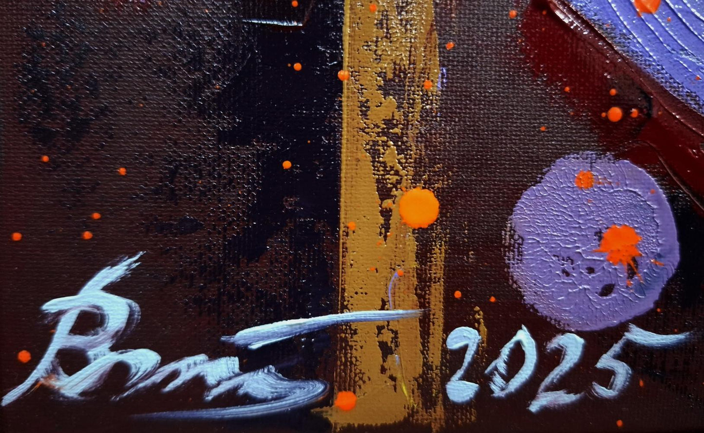 Oil painting Rocking horse by Sergiy Voichenko with black, gold, purple strokes, orange splatters