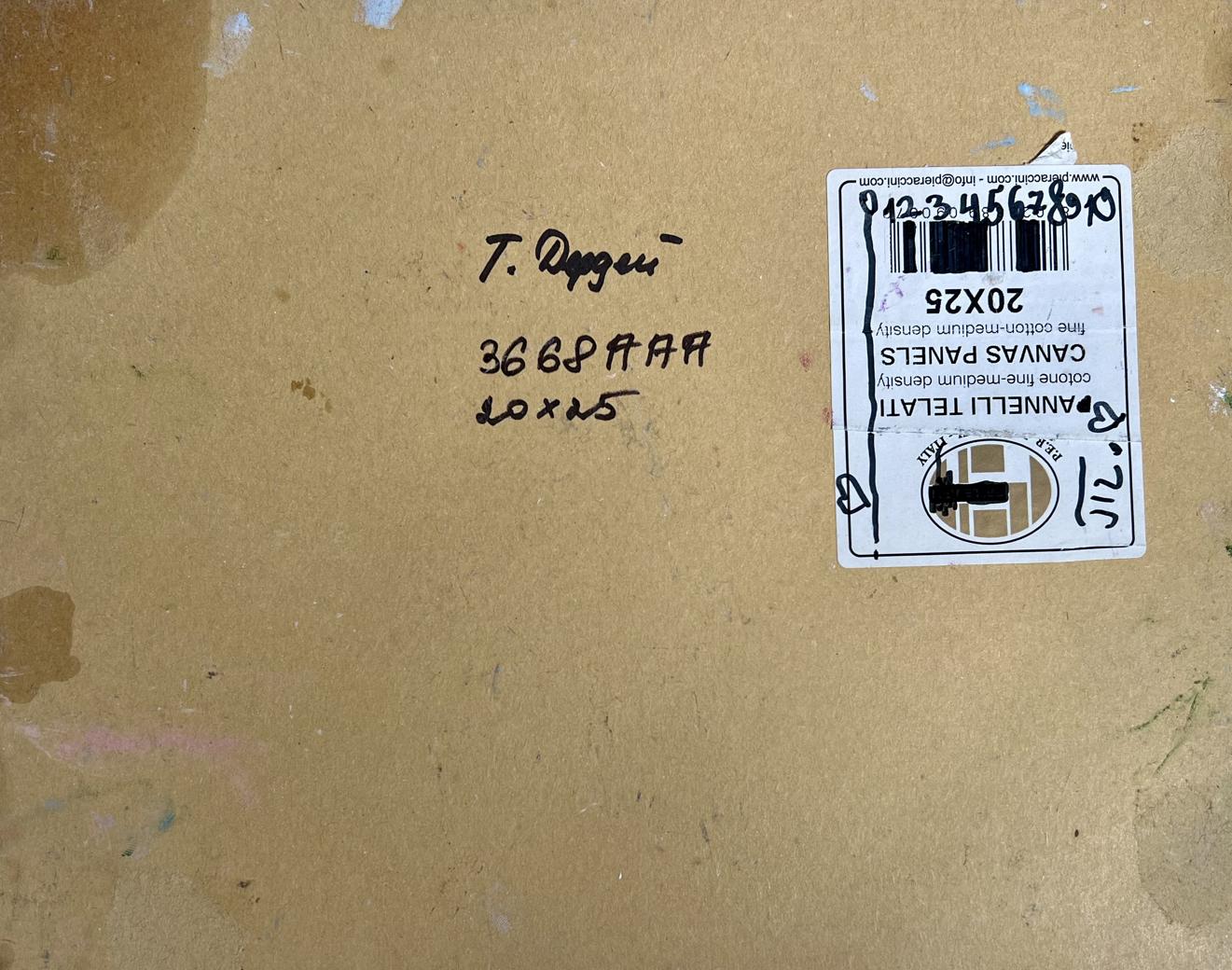 Back of beige canvas panel with Tatyana Derdey signature and annelli tela label for snowy mountain oil painting