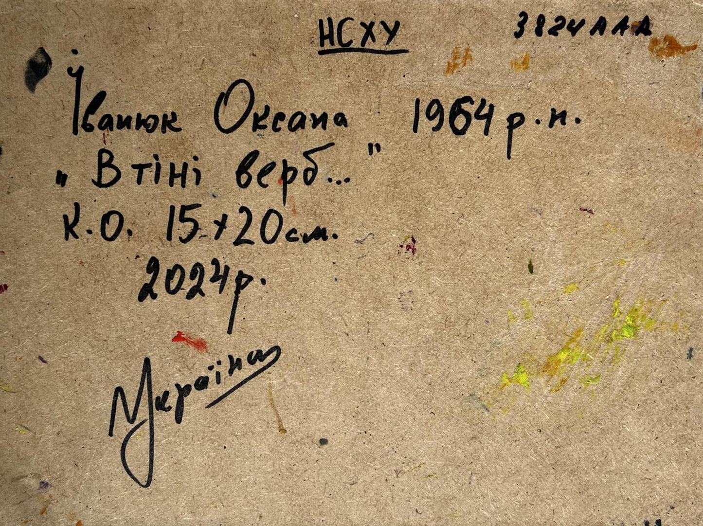 Back of Oksana Ivanyuk 1964 night lake oil painting artwork inscription