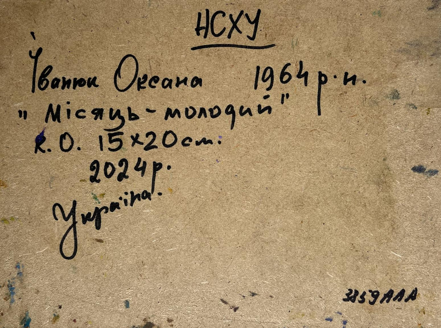 Handwritten inscription on back of Oksana Ivanyuk Oil painting The young moon