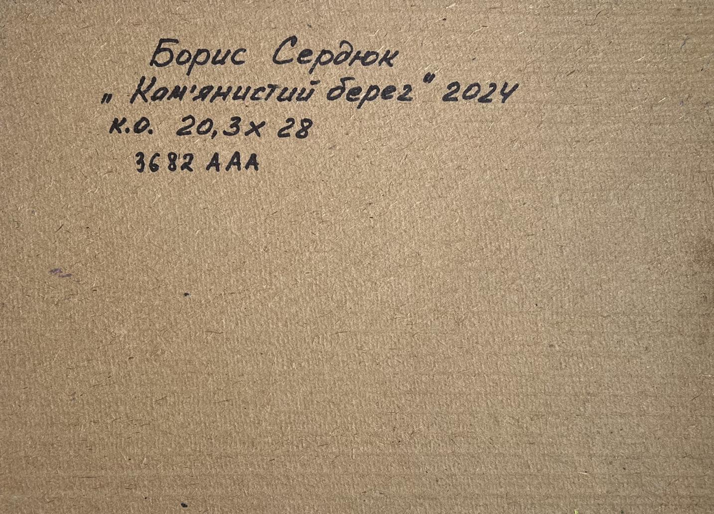 Back of Boris Serdyuk beige canvas oil painting Kamianistiy Bereg 2024