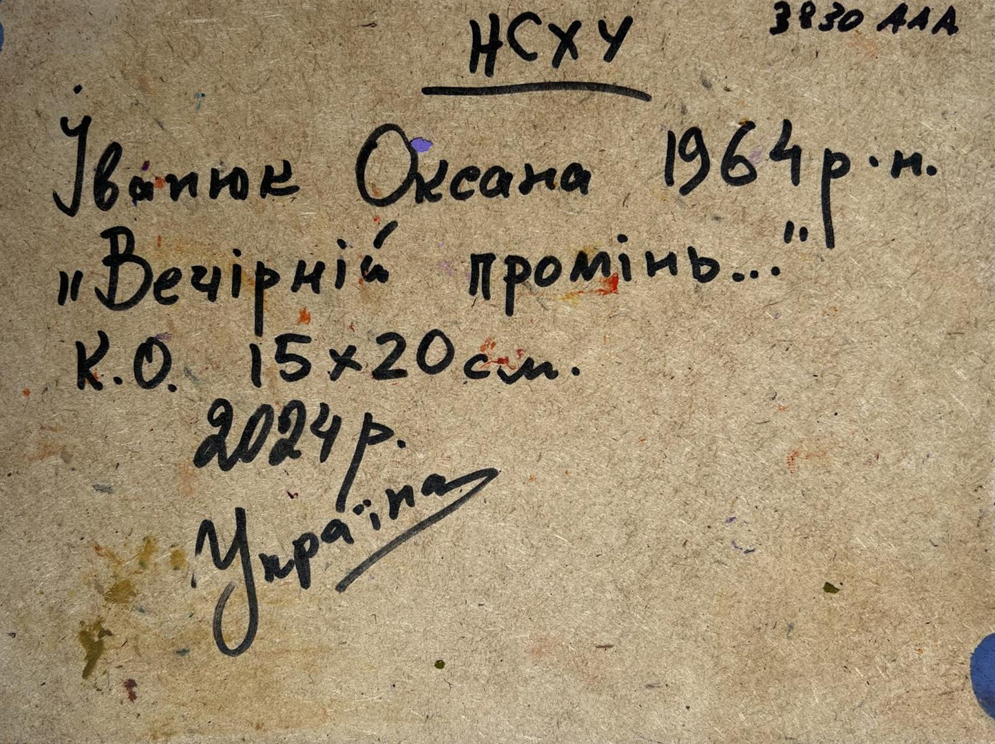 Handwritten inscription on back of Evening rays of the sun oil painting by Oksana Ivanyuk