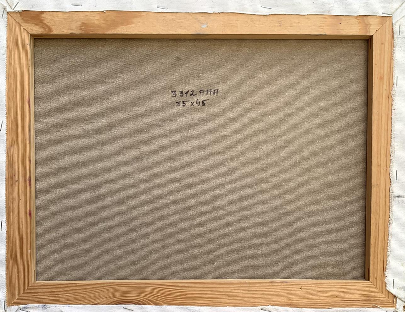 Back of Oil painting Temple Tatyana Derdey with light brown wooden frame and textured beige canvas
