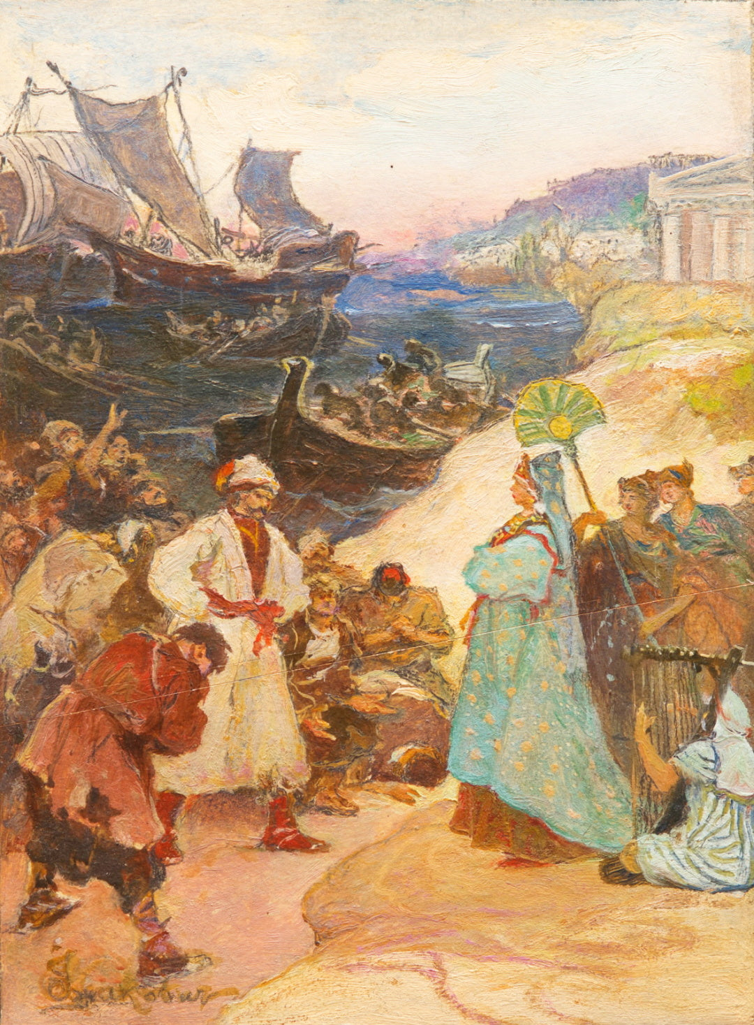 Woman in turquoise gown with gold embroidery beside harpist, Ivan Izhakevych epic realism artwork