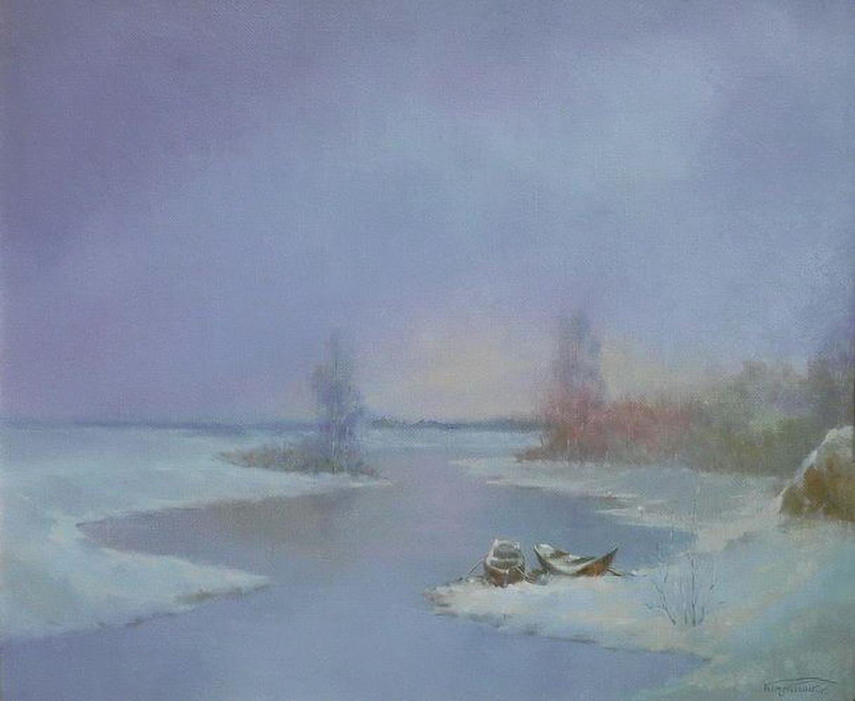Impressionistic oil painting The first snow fell by Vasily Korkishko snowy river scene