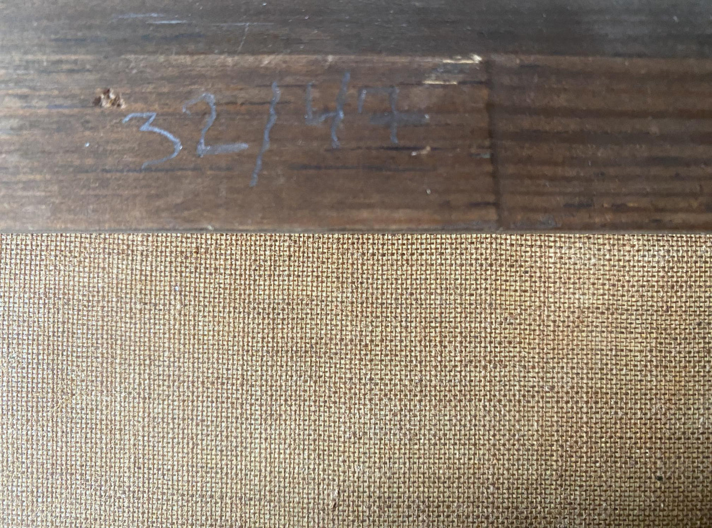 Back of oil painting Red flowers on the table J. Sellier on burlap canvas