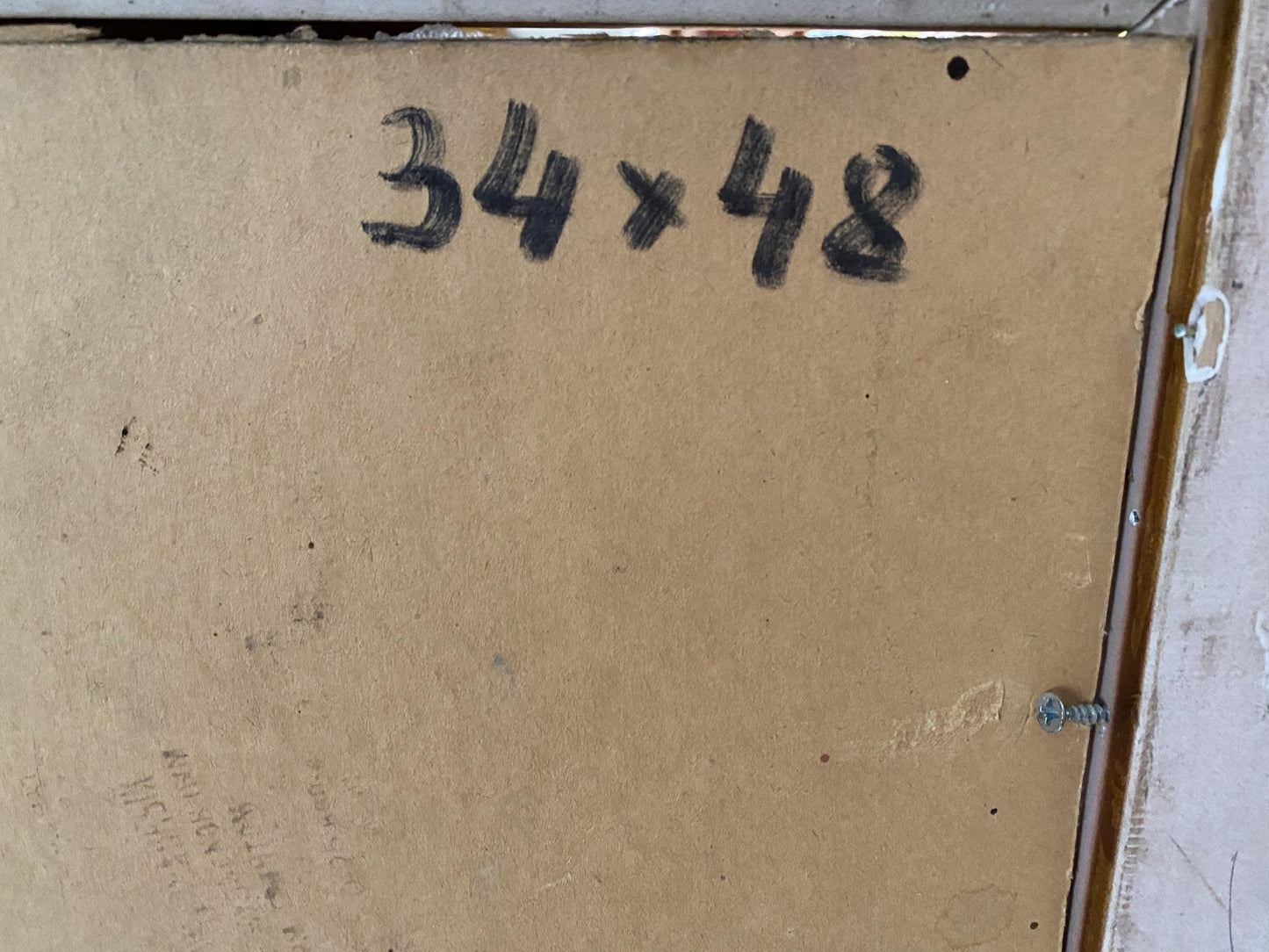 Back of Oil painting Portrait of a girl by Valentin Dmytrovych Khrushch with brown cardboard and black marker measurements