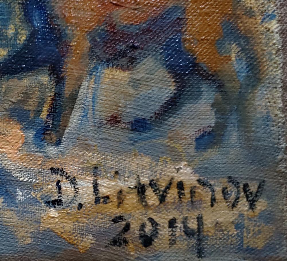 Oil painting Returning from the Hunt by Daniil Litvinov, abstract blue orange gray brushstrokes, signed d