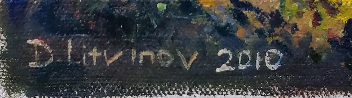 Back of oil painting En plein air by Daniil Litvinov with white signature and date d