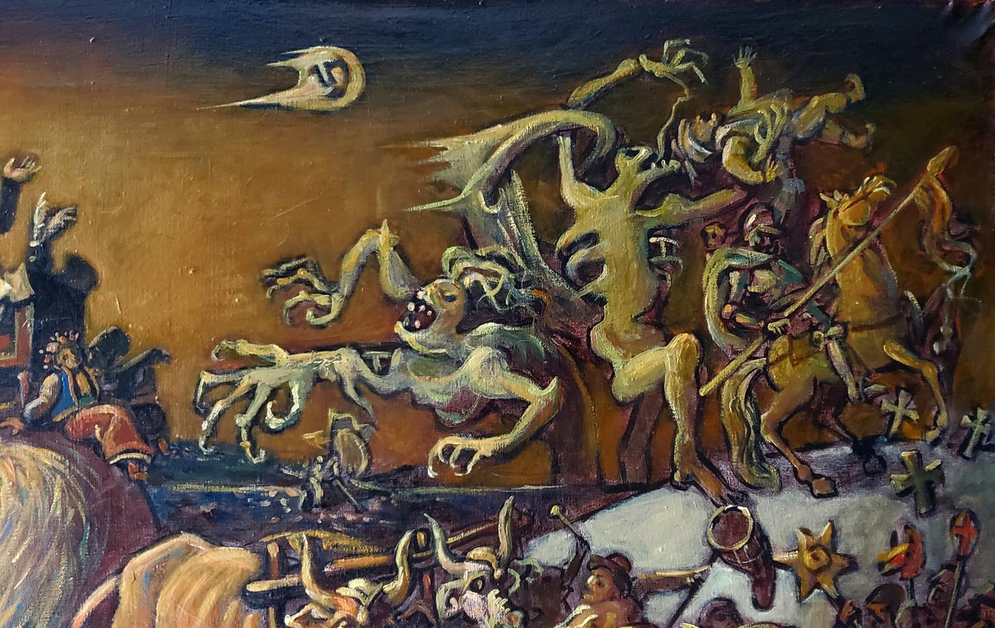 Oil painting Gogol’s Madness by Daniil Litvinov: chaotic battle of grotesque creatures