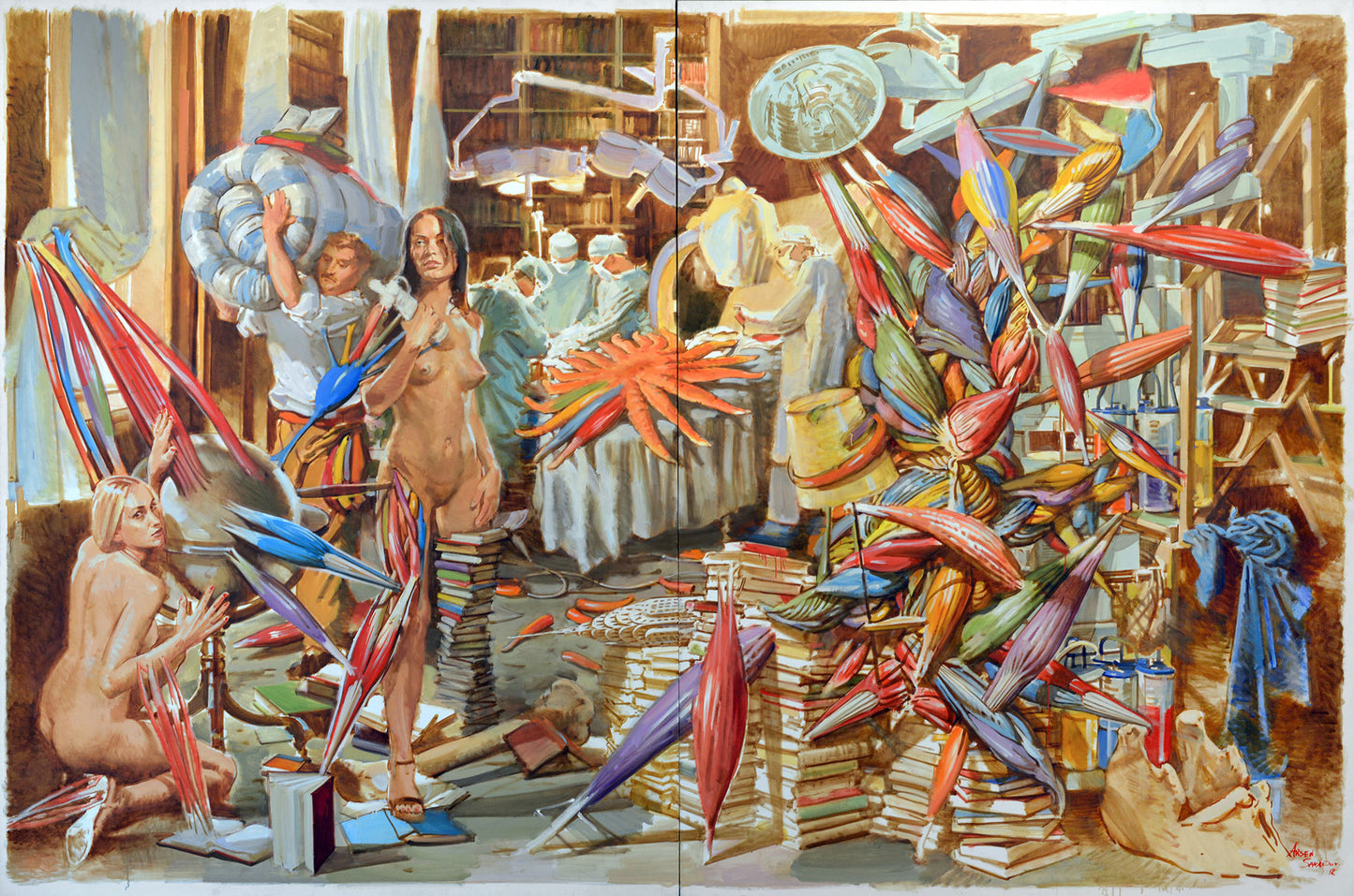 Arsen Savadov Ukrainian New Baroque painting of chaotic workshop with umbrellas and books