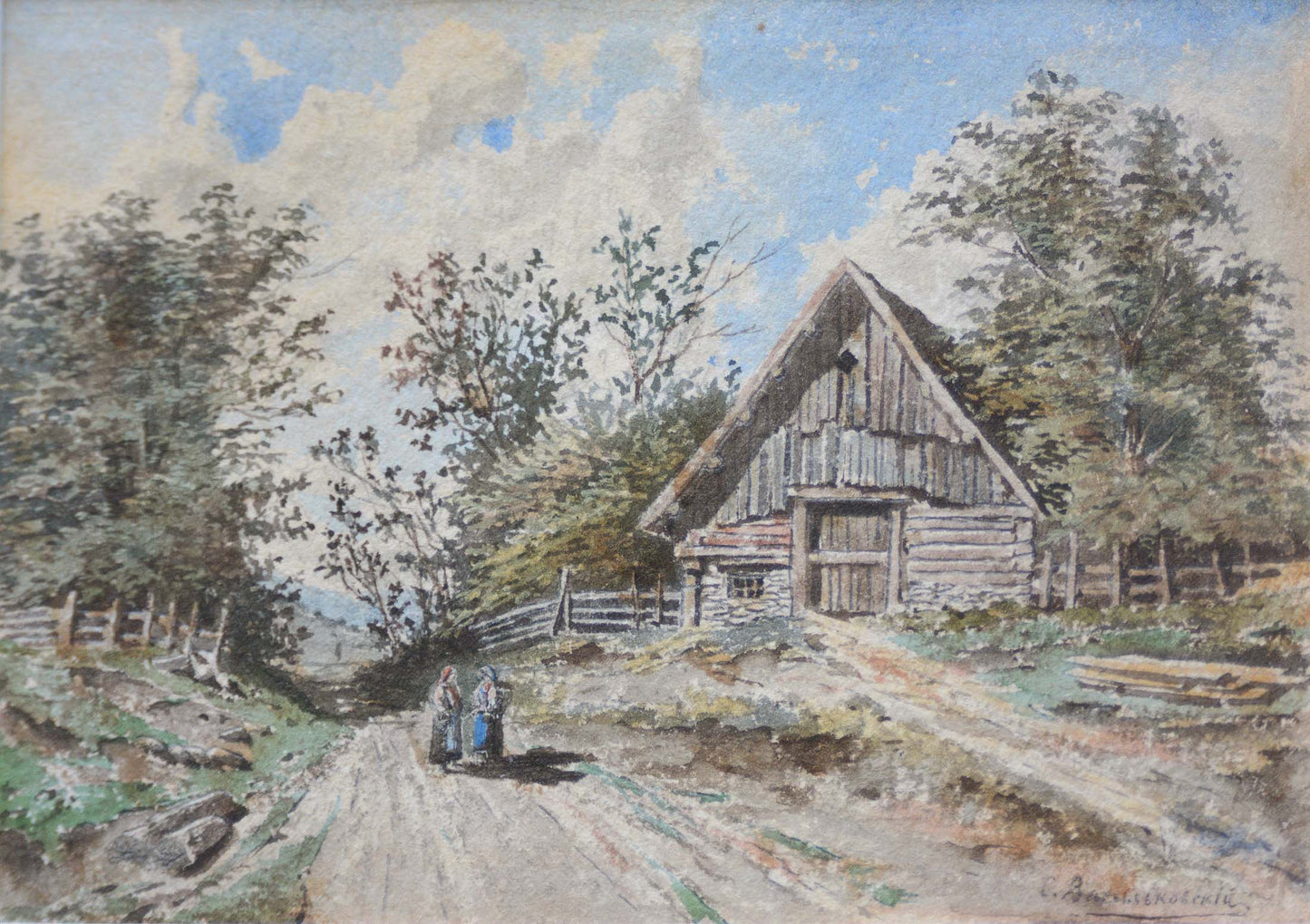 Serhii Vasylkivsky oil painting of rustic barn in trees