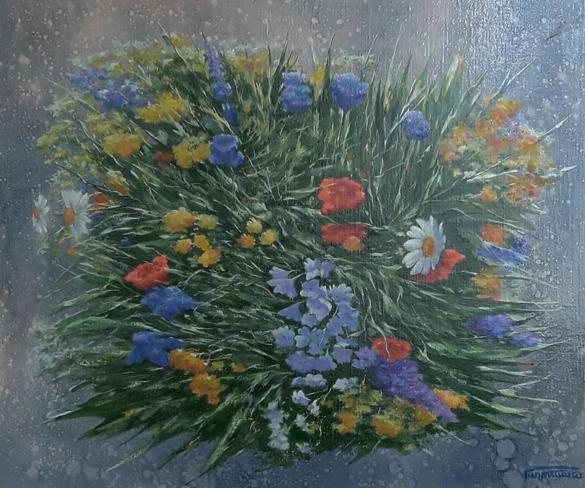 Vibrant oil painting of wildflower meadow bouquet by Vasily Korkishko