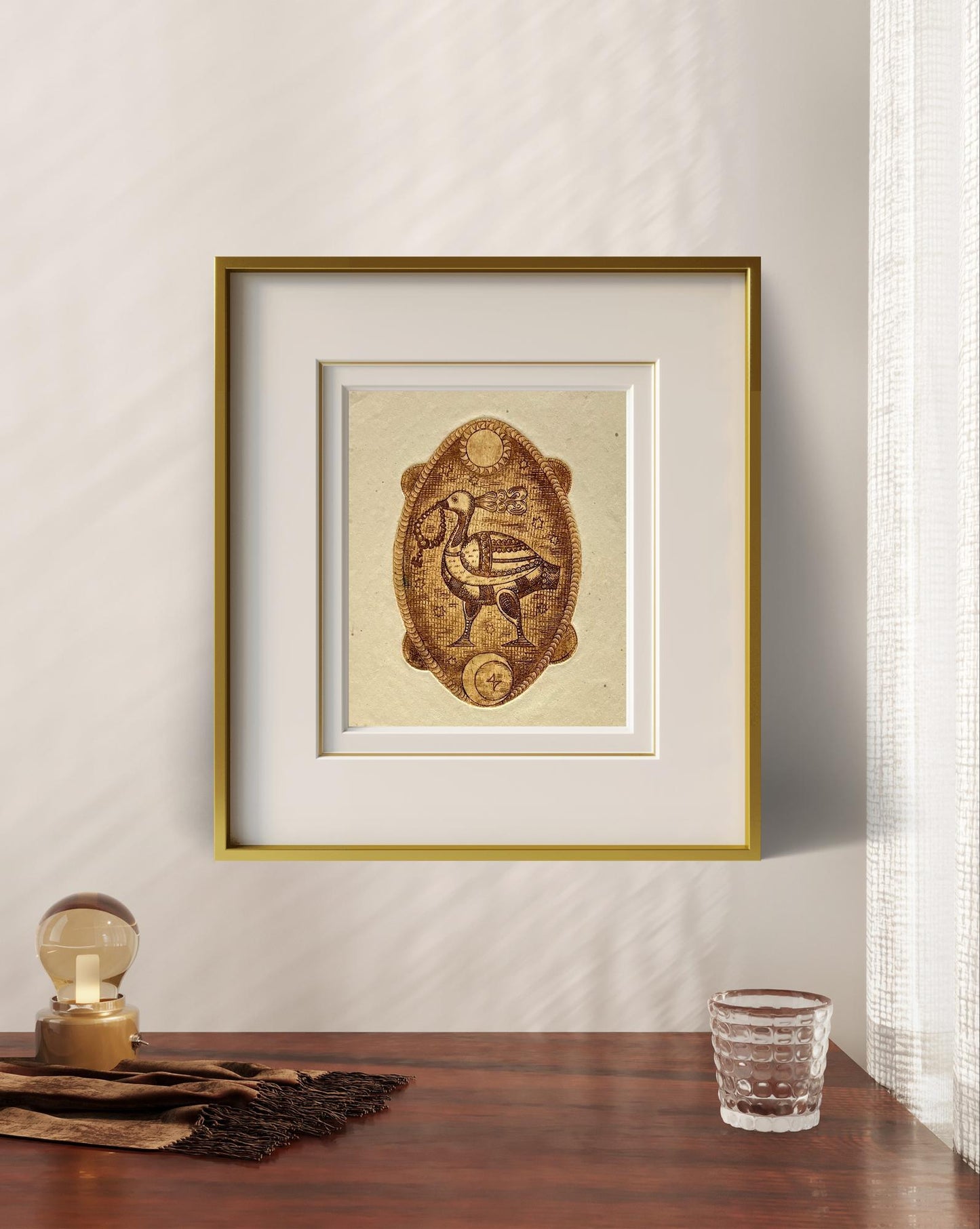 Framed golden-brown bird artwork by Oleksandr Zhmailo on cream background