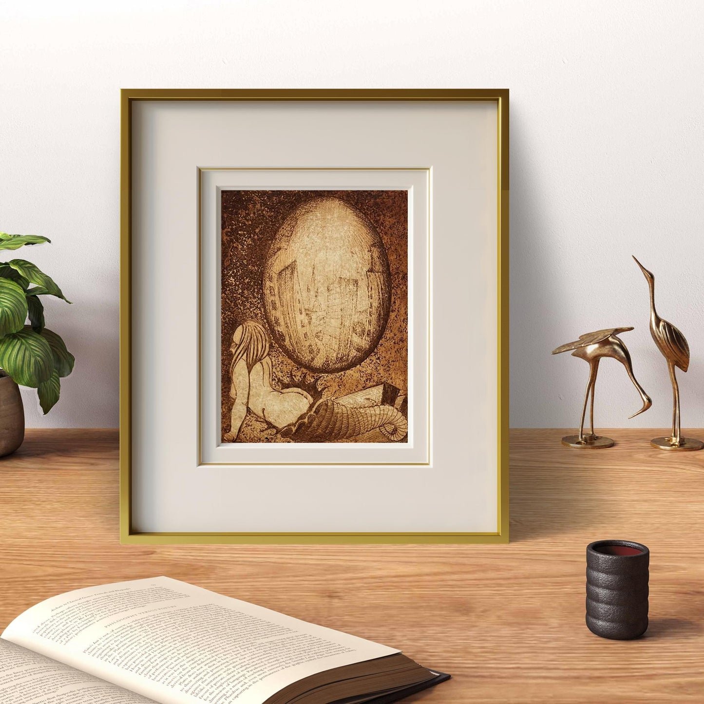 Framed etching Morning by Oleksandr Zhmailo: sepia reclining figure by egg