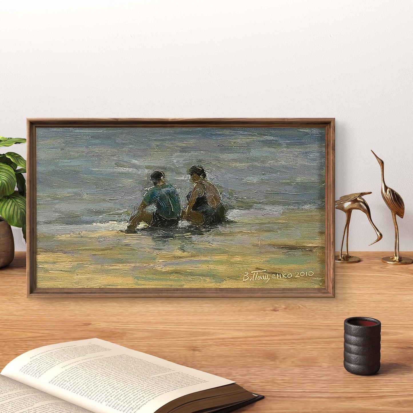 Framed oil painting of two figures in shallow water by Volodymyr Pashchenko