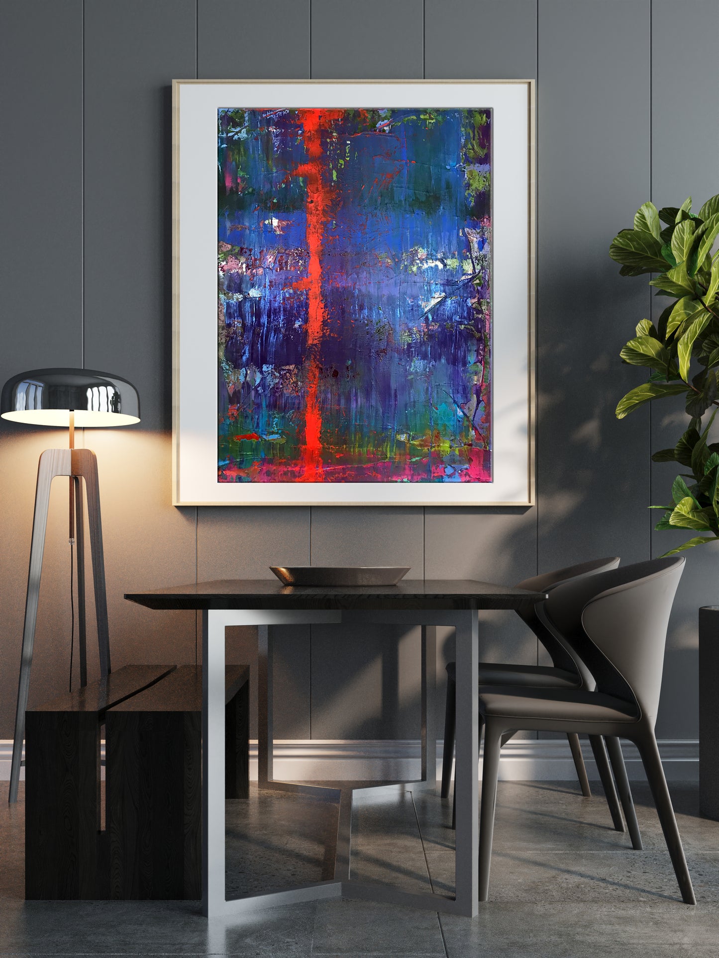 My red line vibrant abstract painting with bold red blue green brushstrokes in white frame