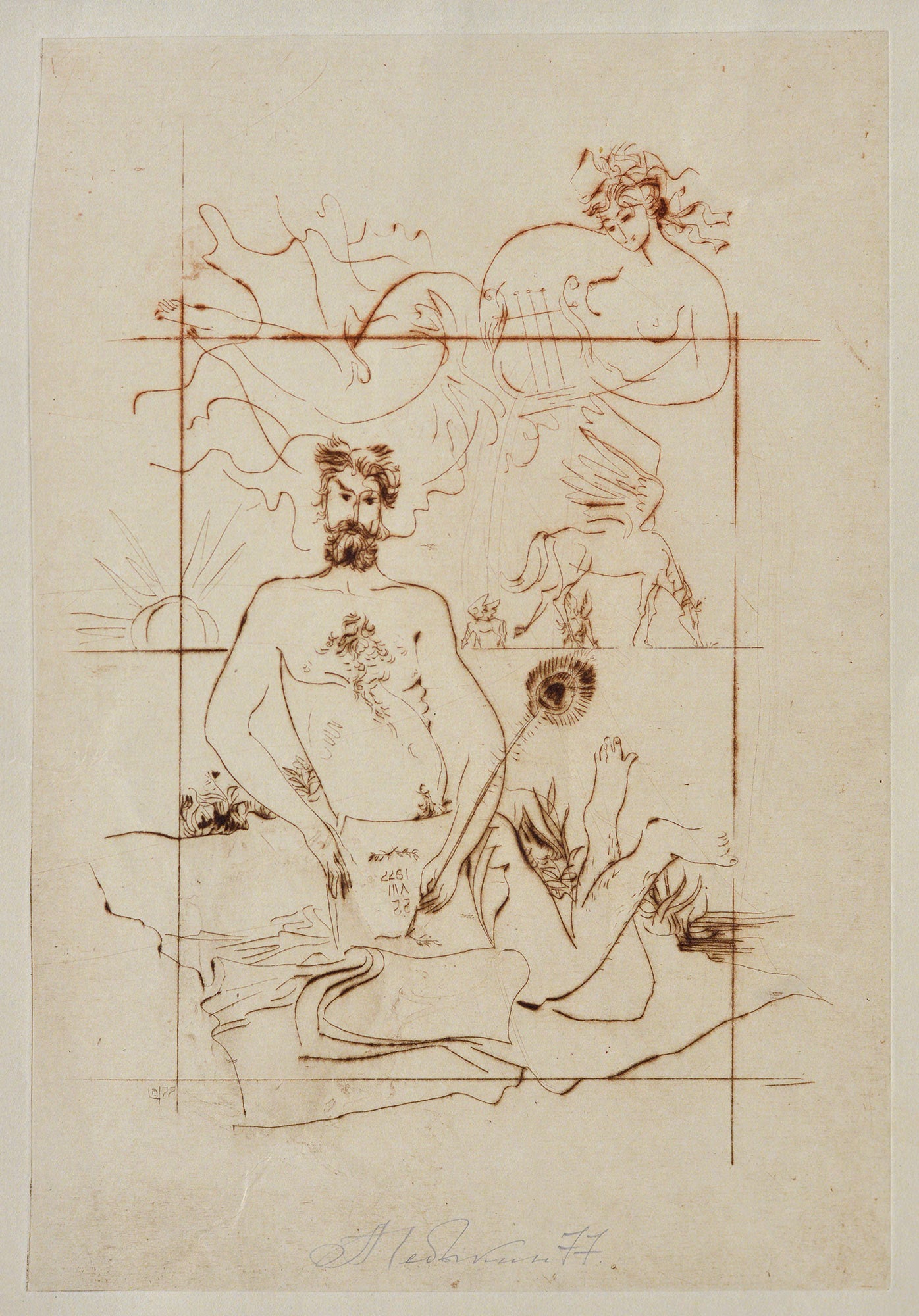 Sepia lithograph by Andriy Chebykin: muscular man with thistle, figures
