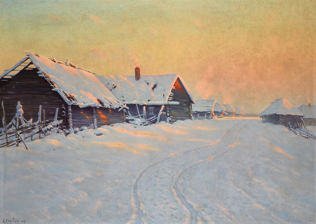 Signed Kostiantyn Kryzhytskyi oil painting of snow-covered log cabin