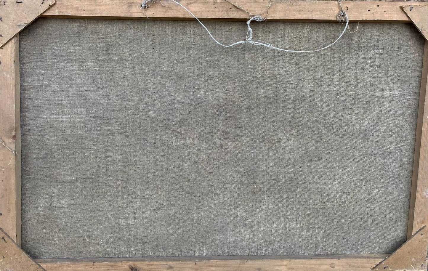 Back of gray linen canvas oil painting Sending off to war in wooden frame