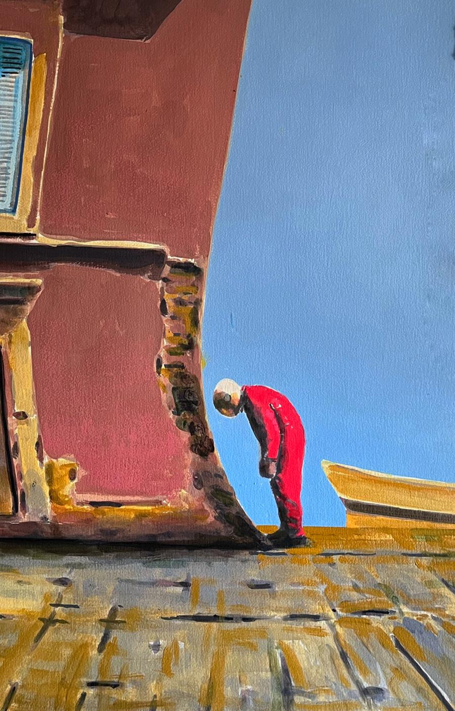 Vibrant red figure by Juan Angel Gonzalez de la Calle bending near stone wall