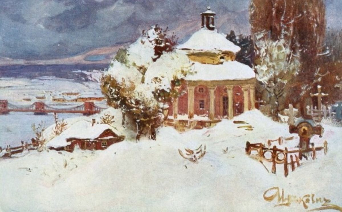Snow-covered red brick church oil painting by Ivan Izhakevych