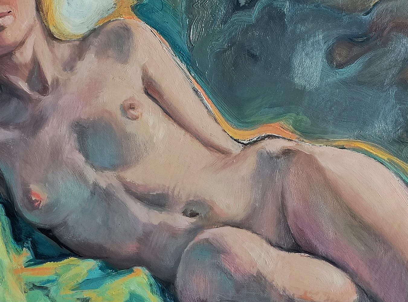 Impressionistic oil painting of figure dreamy girl Oksana Osnach reclining on teal fabric
