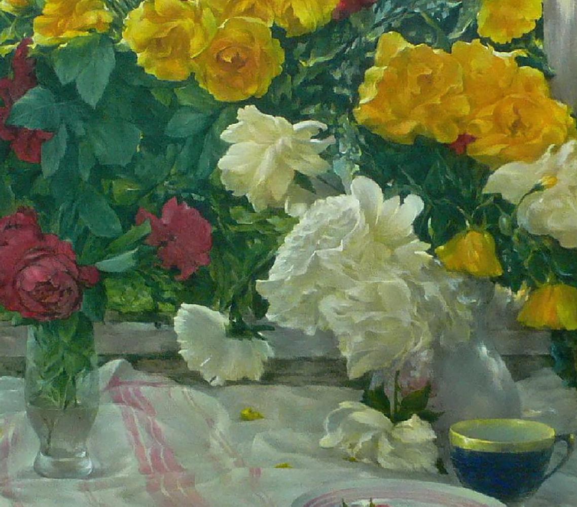 Oil painting of vibrant yellow, white, pink roses by Vasily Korkishko