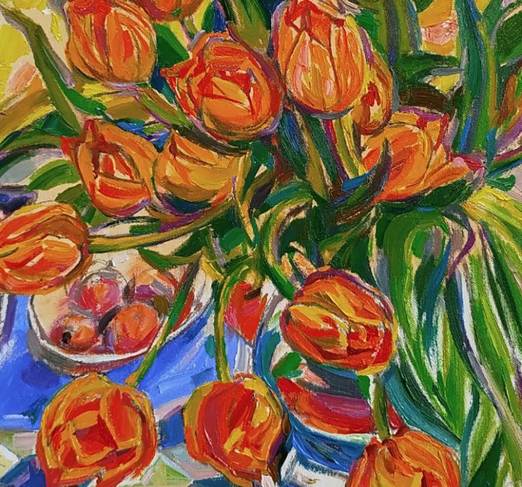 Vibrant oil painting of orange tulips bouquet by Leonid Pavlenko