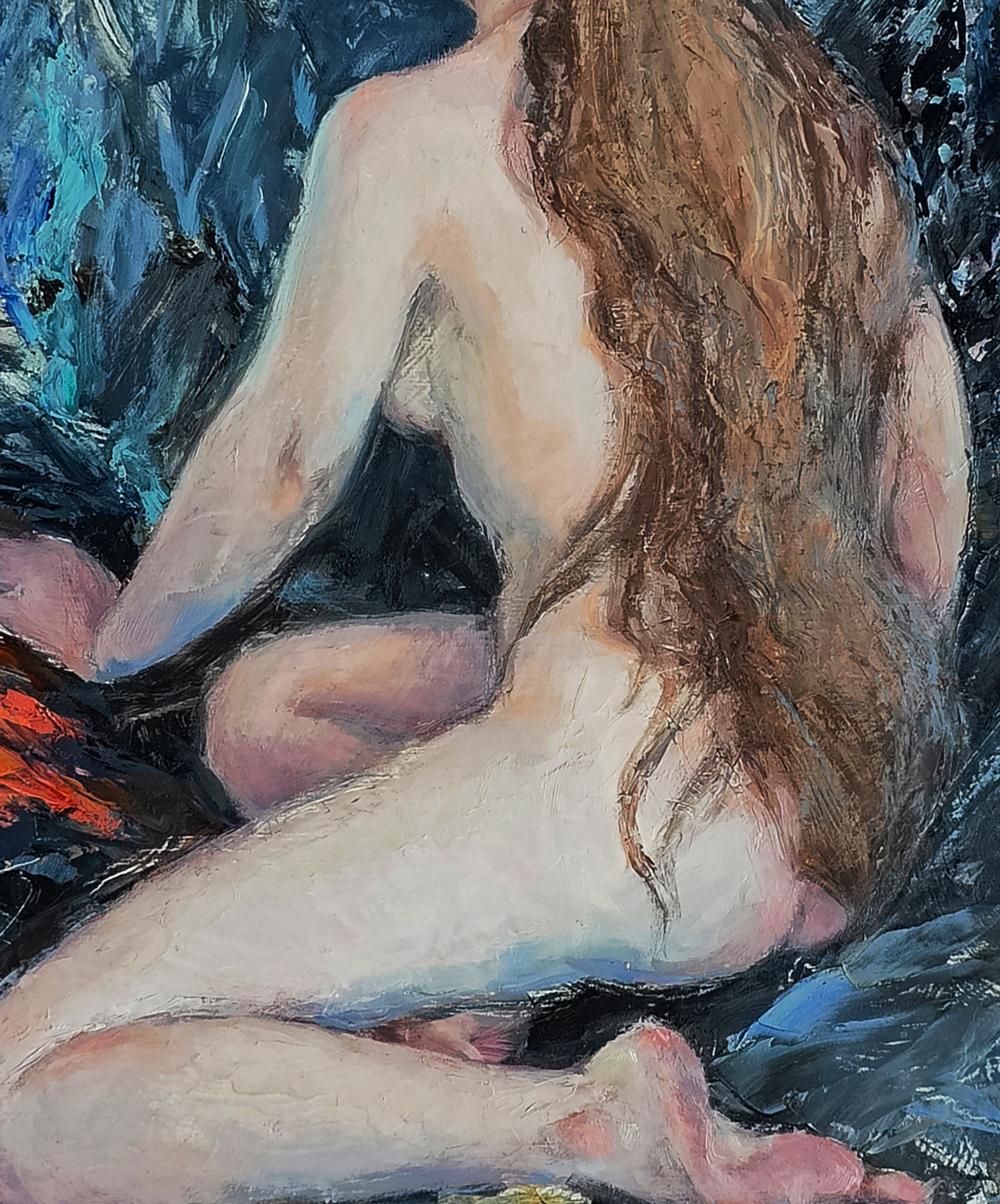 Oil painting portrait of female figure with long brown hair on towel by Oksana Osnach