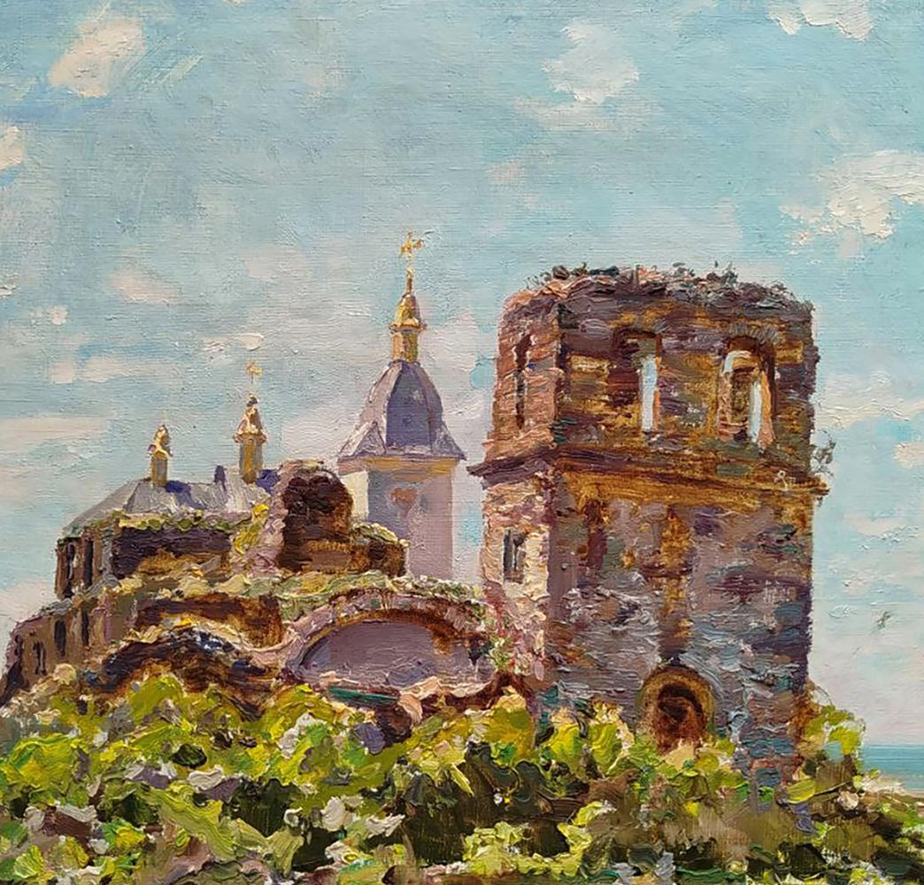 Oil painting of Ancient castle by Leonid Pavlenko, weathered ruins with golden domes