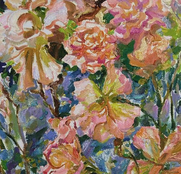Vibrant impressionist oil painting of blooming rose bush by Leonid Pavlenko