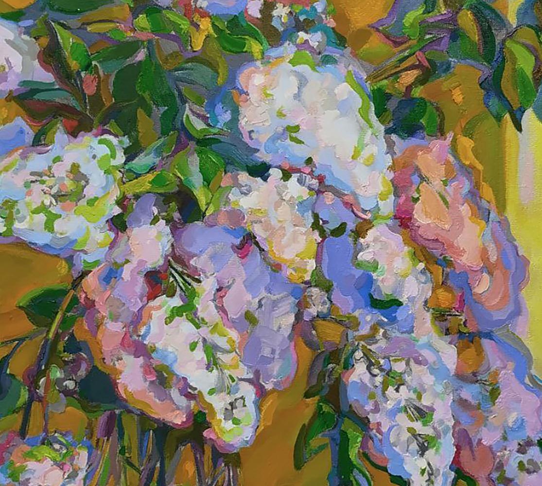 Vibrant oil painting of lilac bouquet by Leonid Pavlenko with pink blossoms