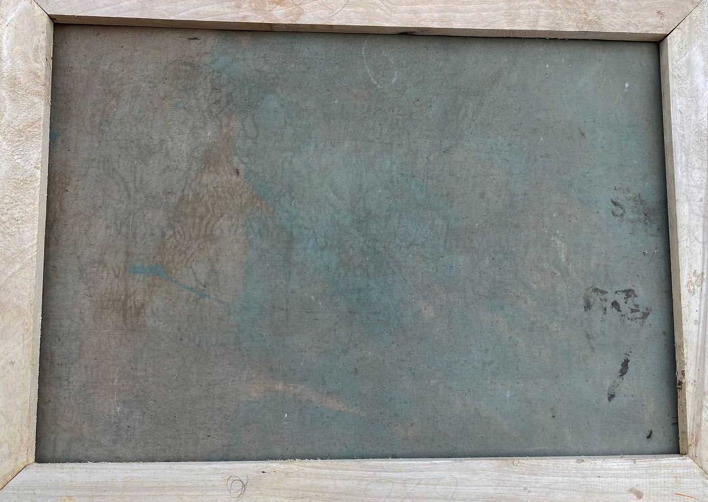 Weathered greenish-gray slate board back of oil painting A girl with a guy near a well