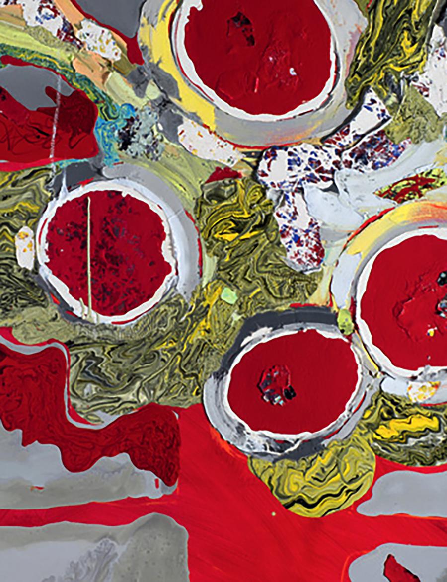 Oil painting Winter Flowers by Natalia Korf-Ivaniuk with red circles