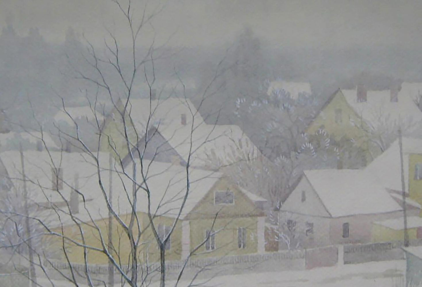 Watercolor painting of snowy morning village by Valery Savenets