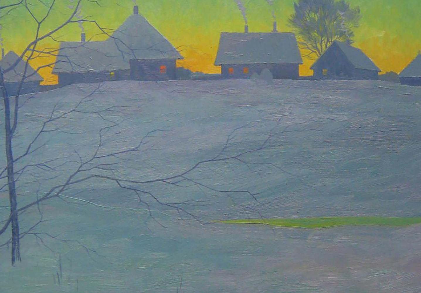 Serene winter evening oil painting by Valery Savenets, snow houses glowing