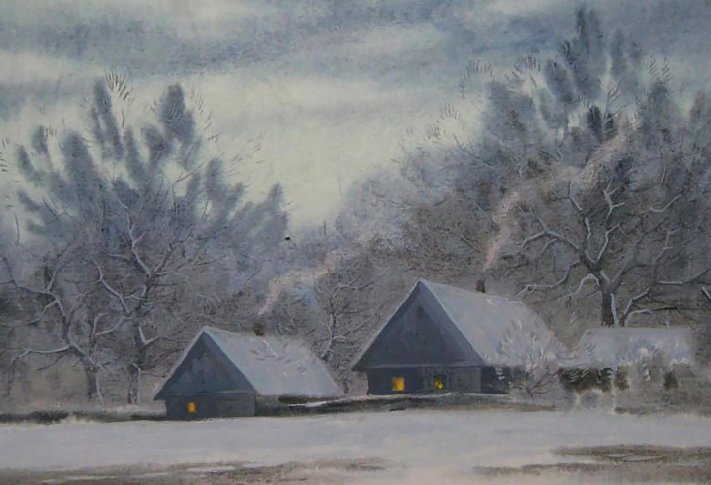Watercolor painting of snow-covered winter village by Valery Savenets