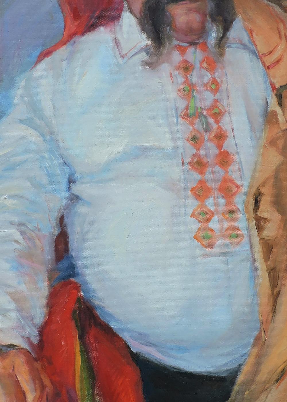 Light blue embroidered blouse with orange green diamond patterns, Cossack portrait style