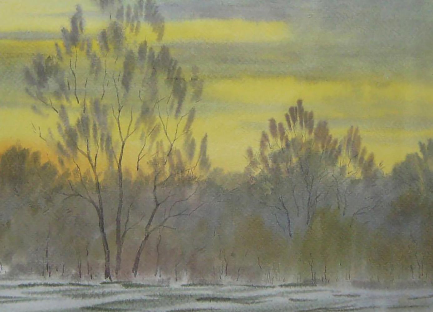 Watercolor painting of snowy field with bare trees by Valery Savenets