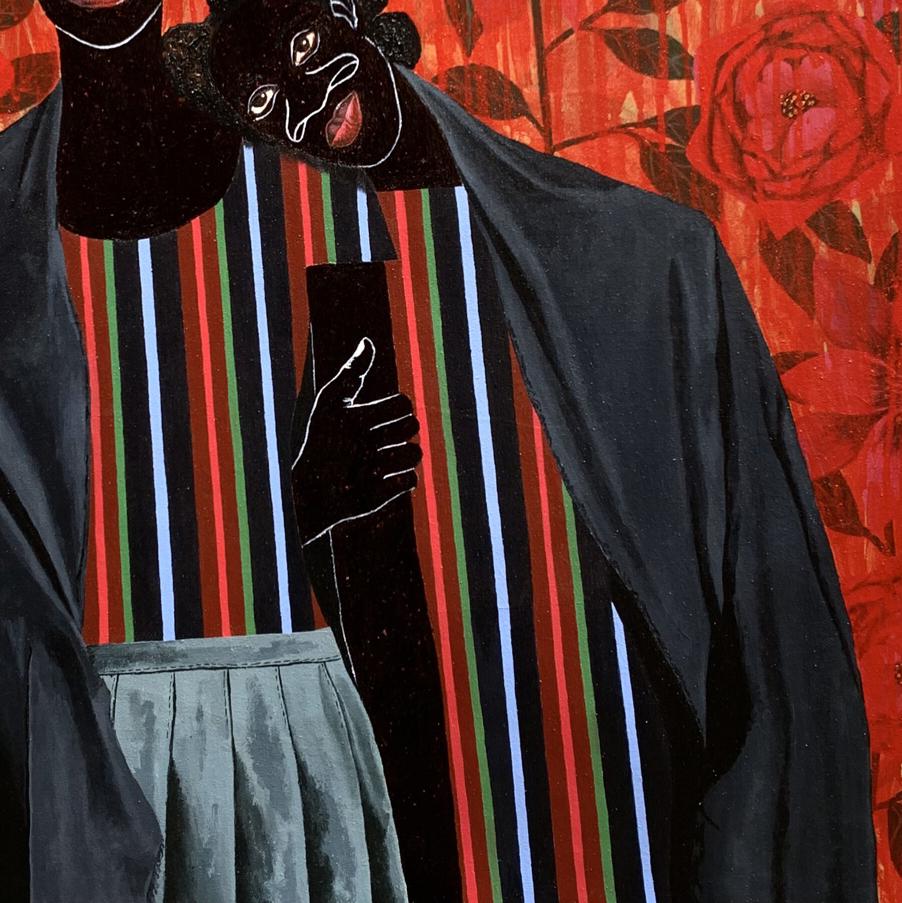 Stylized black figure in dark velvet coat, vibrant striped shirt among red flowers by Akintomide Akinshola, acrylic painting