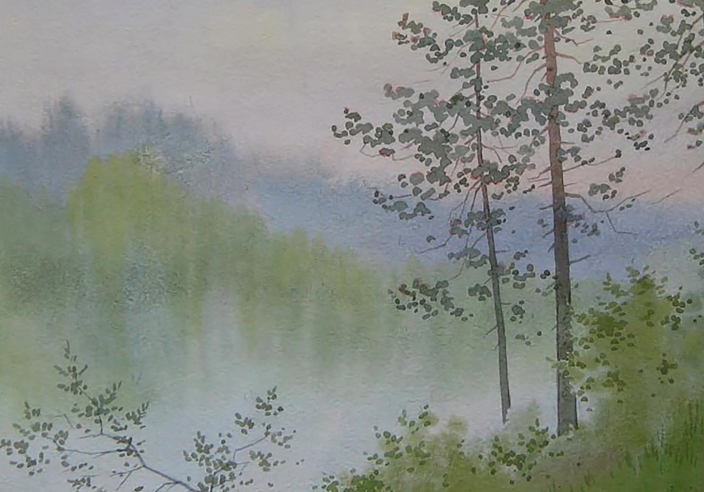 Watercolor painting Morning on the River by Valery Savenets with tall pines