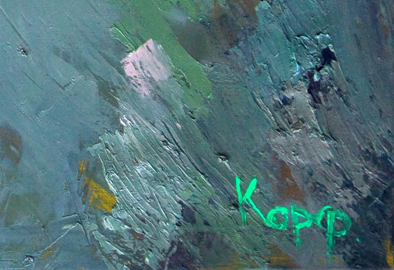 Oil painting Fog in the Forest by Natalia Korf-Ivaniuk, abstract teal green textured art signed Kopp